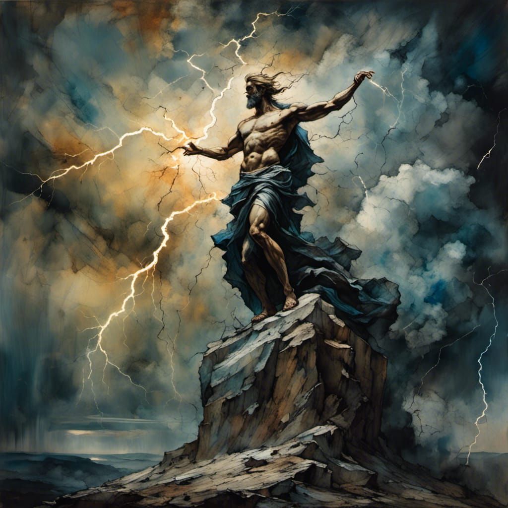 Zeus on Mount Olympus with Lightning, Greek Mythology Art