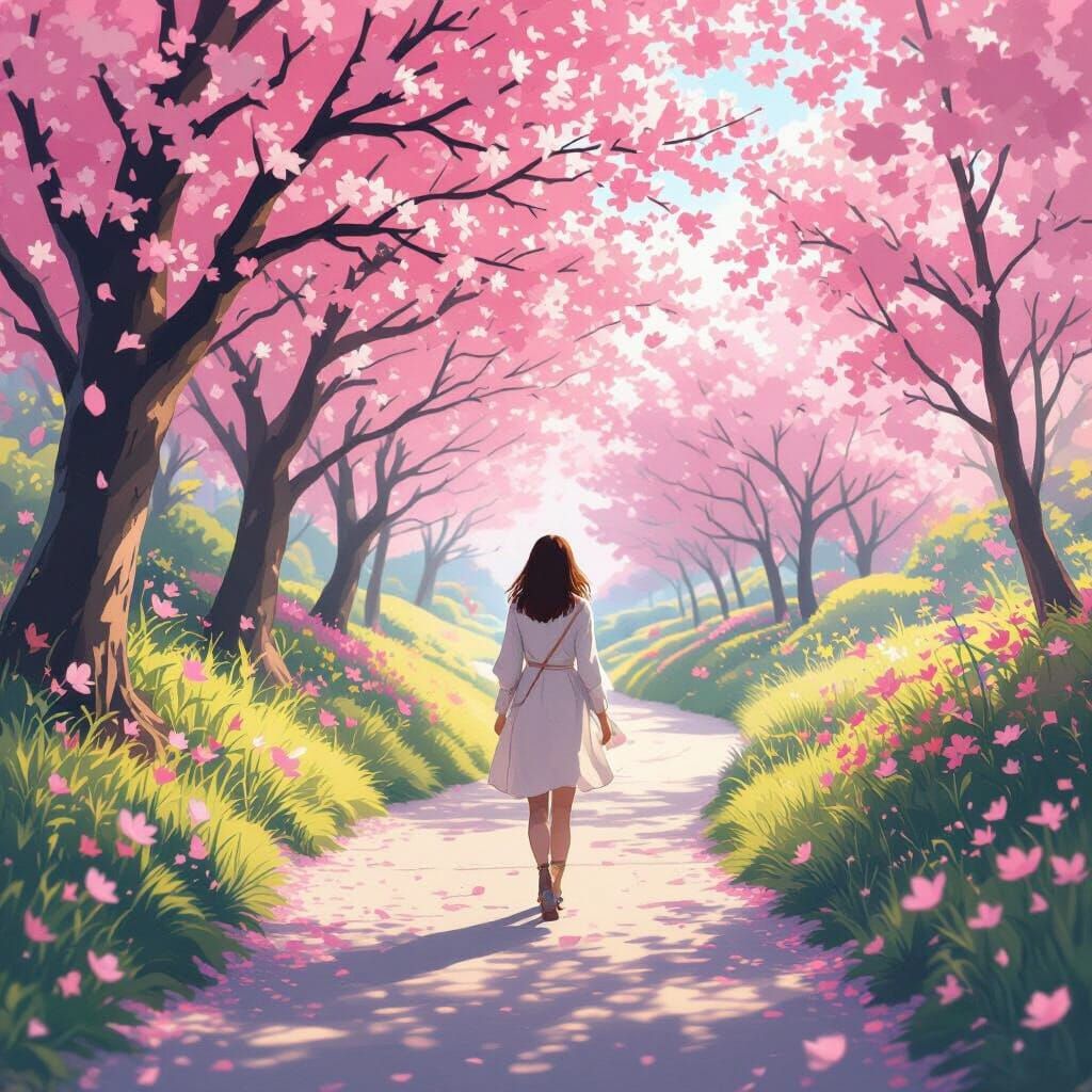 Woman on Cherry Blossom Path in Dreamy Anime Style