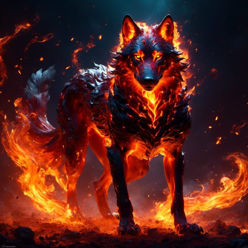 Fiery Wolf Portrait in Fantasy Style