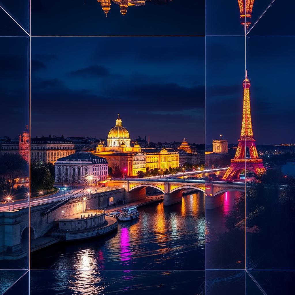 Futuristic Art Gallery Exhibition in Paris at Night