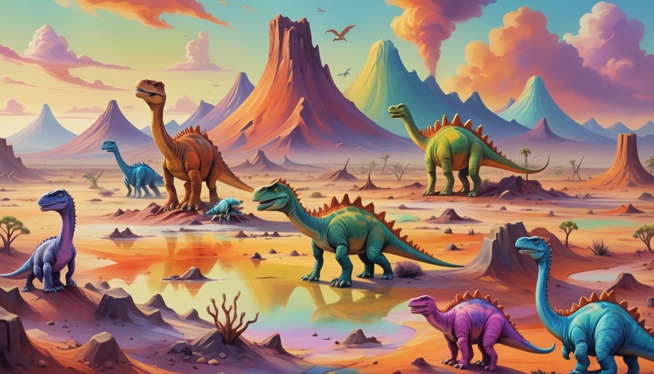 Dreamlike Jurassic Landscape with Dinosaurs as Oil Painting