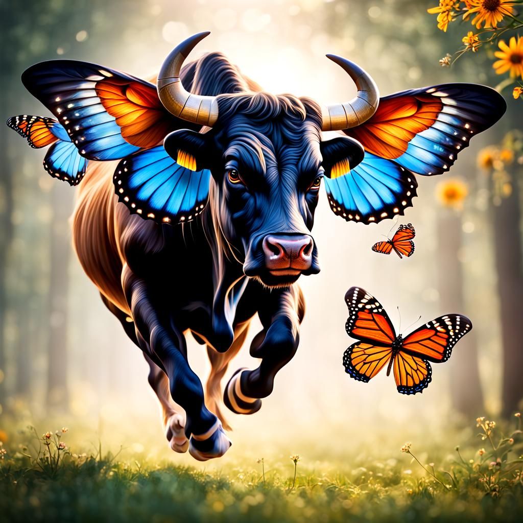 Hovering Bull with Butterfly Wings, Professional Photography