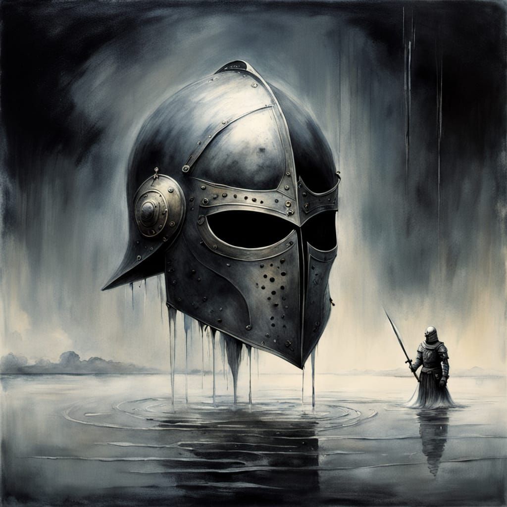 Liquid Mercury Knight Helmet Reflecting Ethereal Worlds