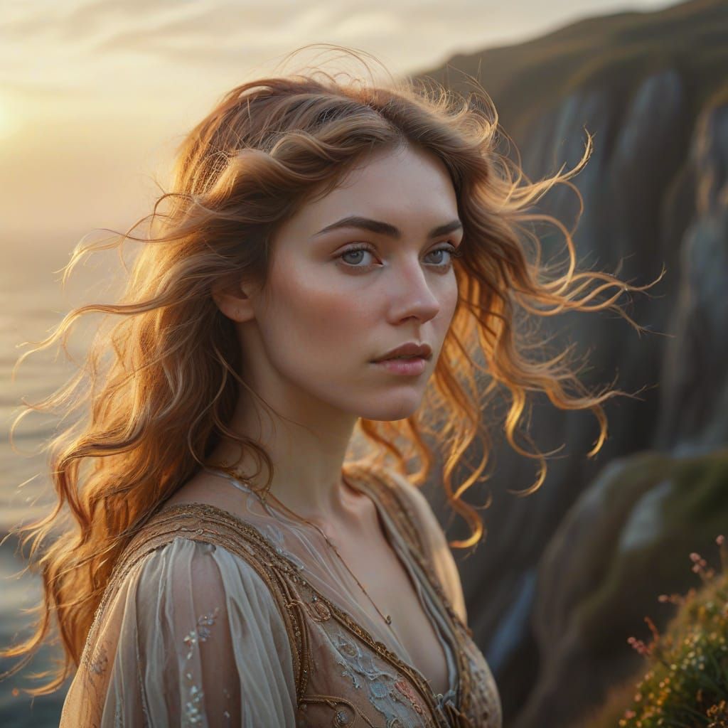 Ethereal Woman Overlooking Misty Seascape in Pre-Raphaelite ...