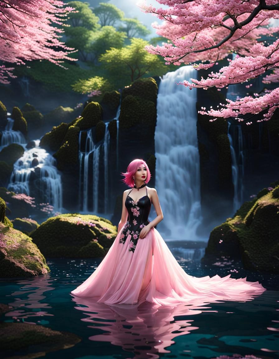 Asian Woman in Spring with Cherry Blossoms