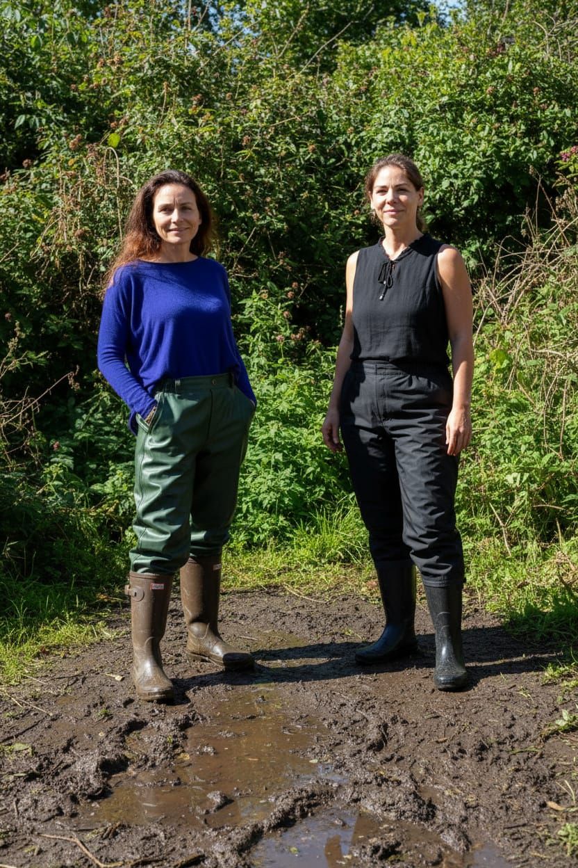 Women in Rubber Boots in Overgrown Garden After Rain