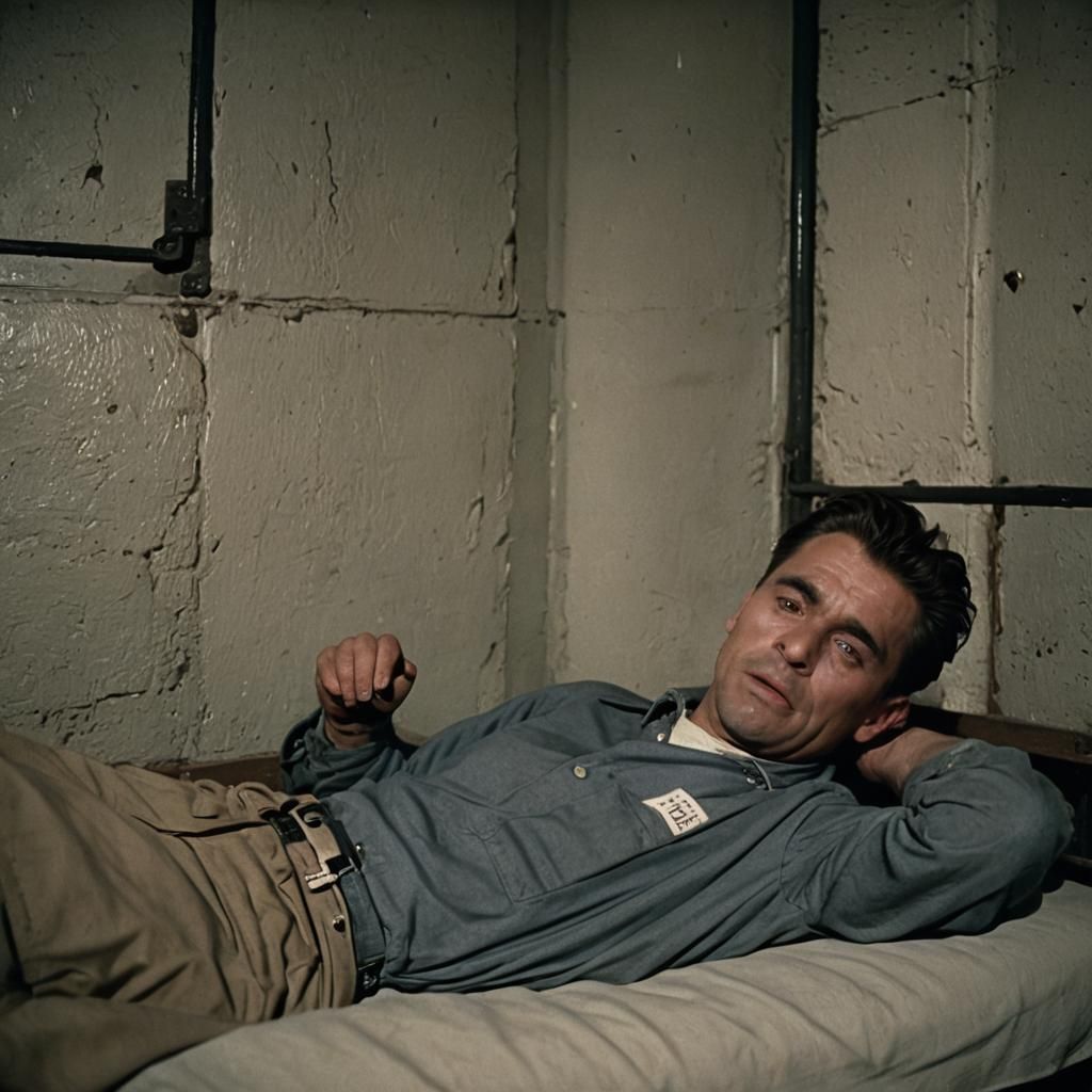 1950s Prisoner in Alcatraz Cell: Cinematic Still