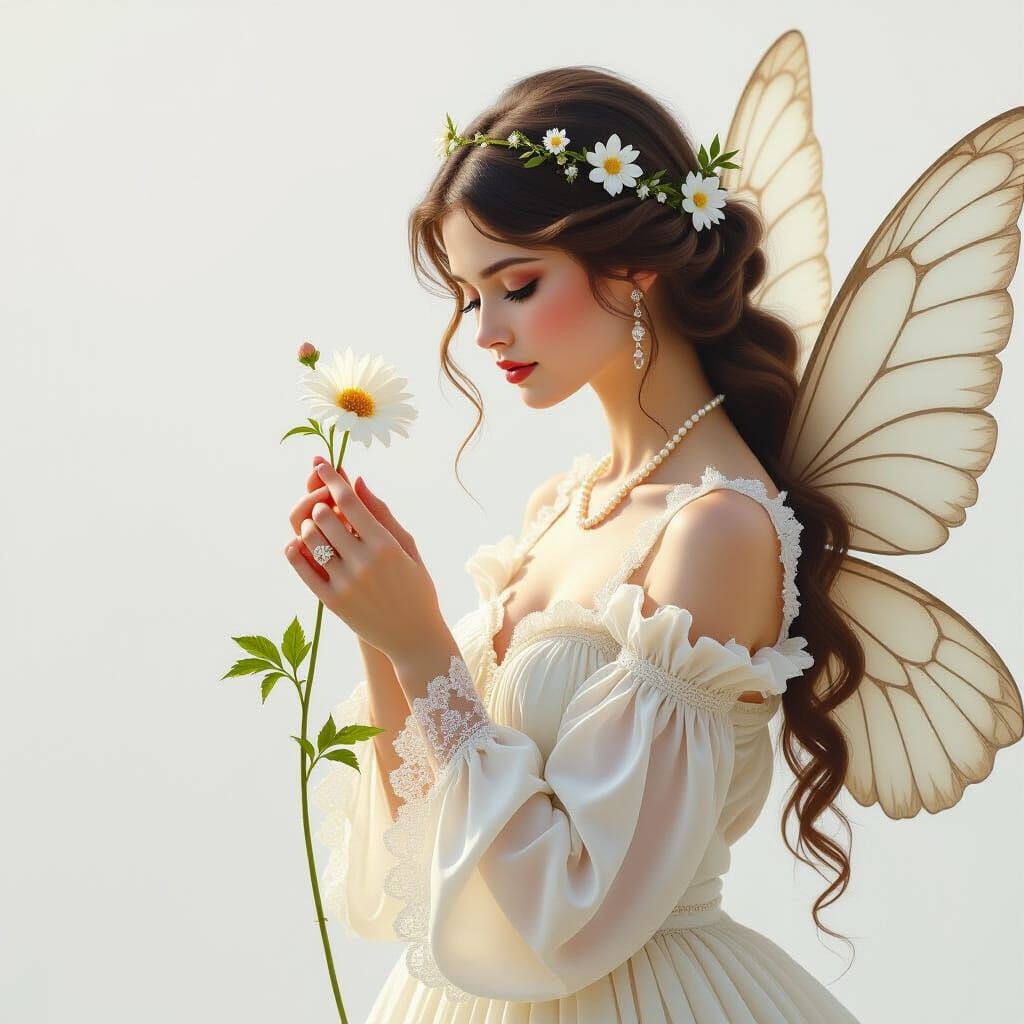 Ethereal White Fairy with Flower in Pre-Raphaelite Style