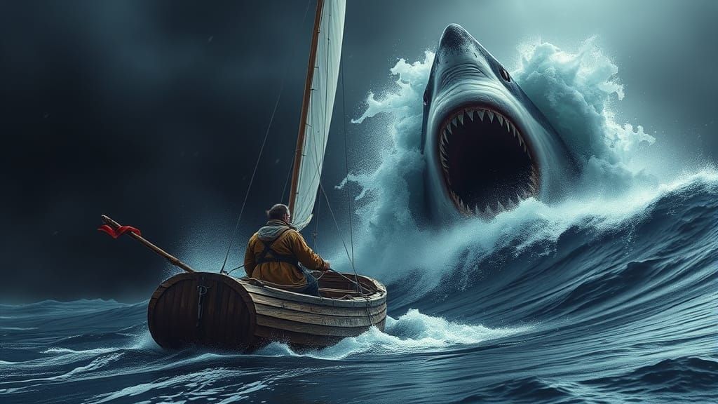 Megalodon Sharks Threaten Sailor in Stormy Sea