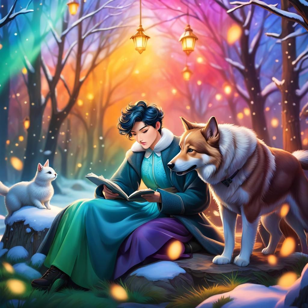 Boy with Dogs in Botanical Garden, Manga Style