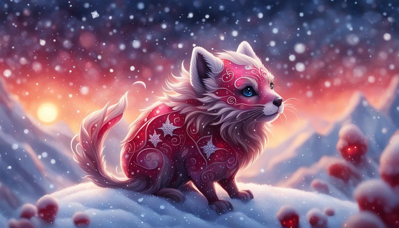 Cute Ruby Creature in Snowy Fantasy Landscape