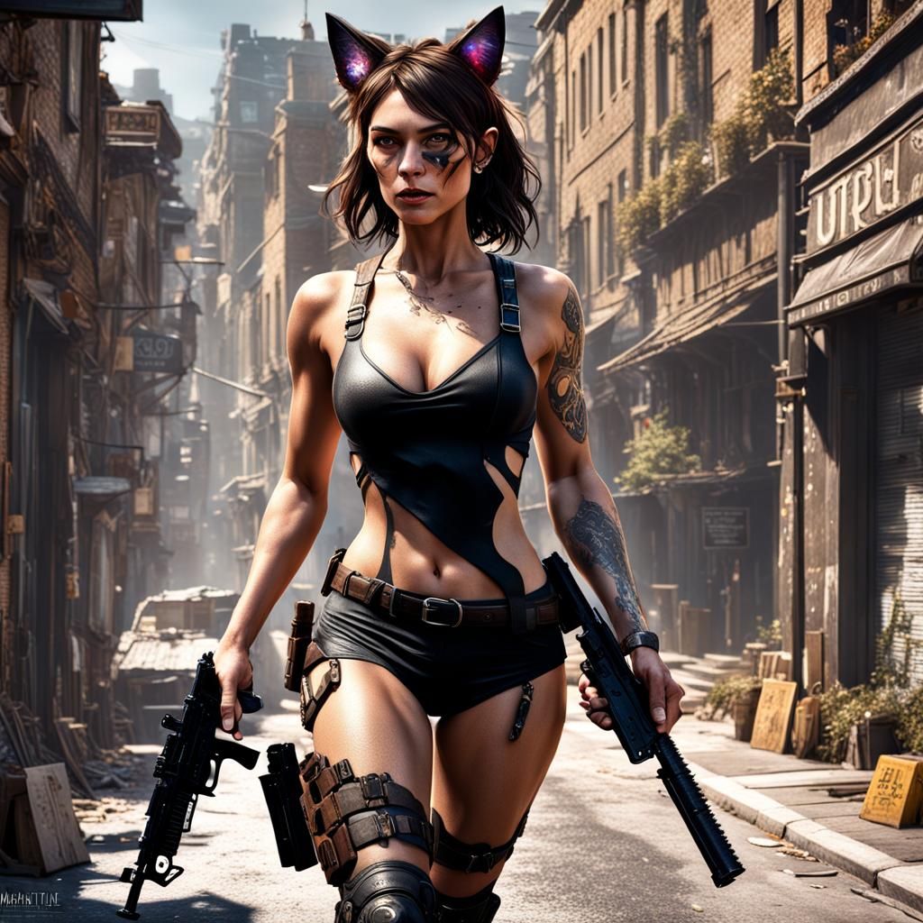 Cat-Eared Brunette with Gun in Detailed Matte Painting