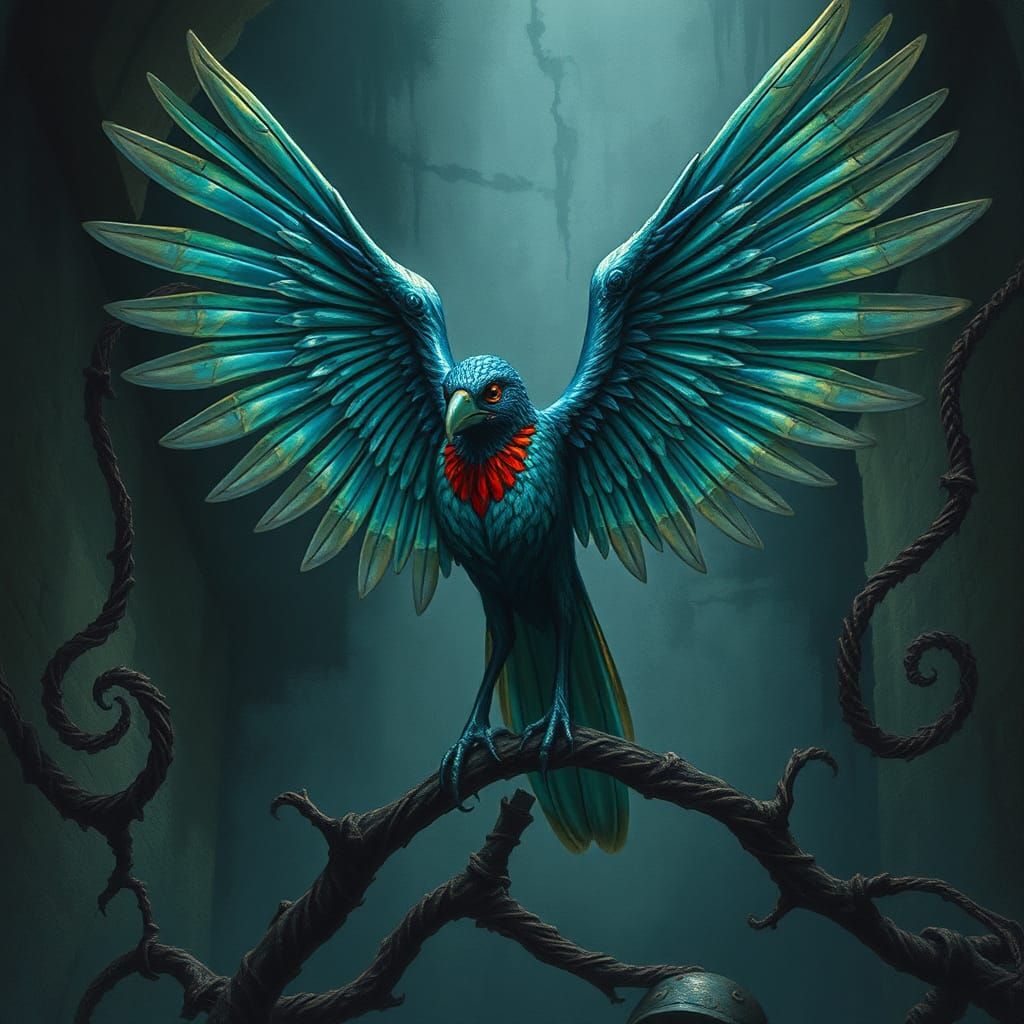 Iridescent Bird with Enormous Wings in Gothic Setting