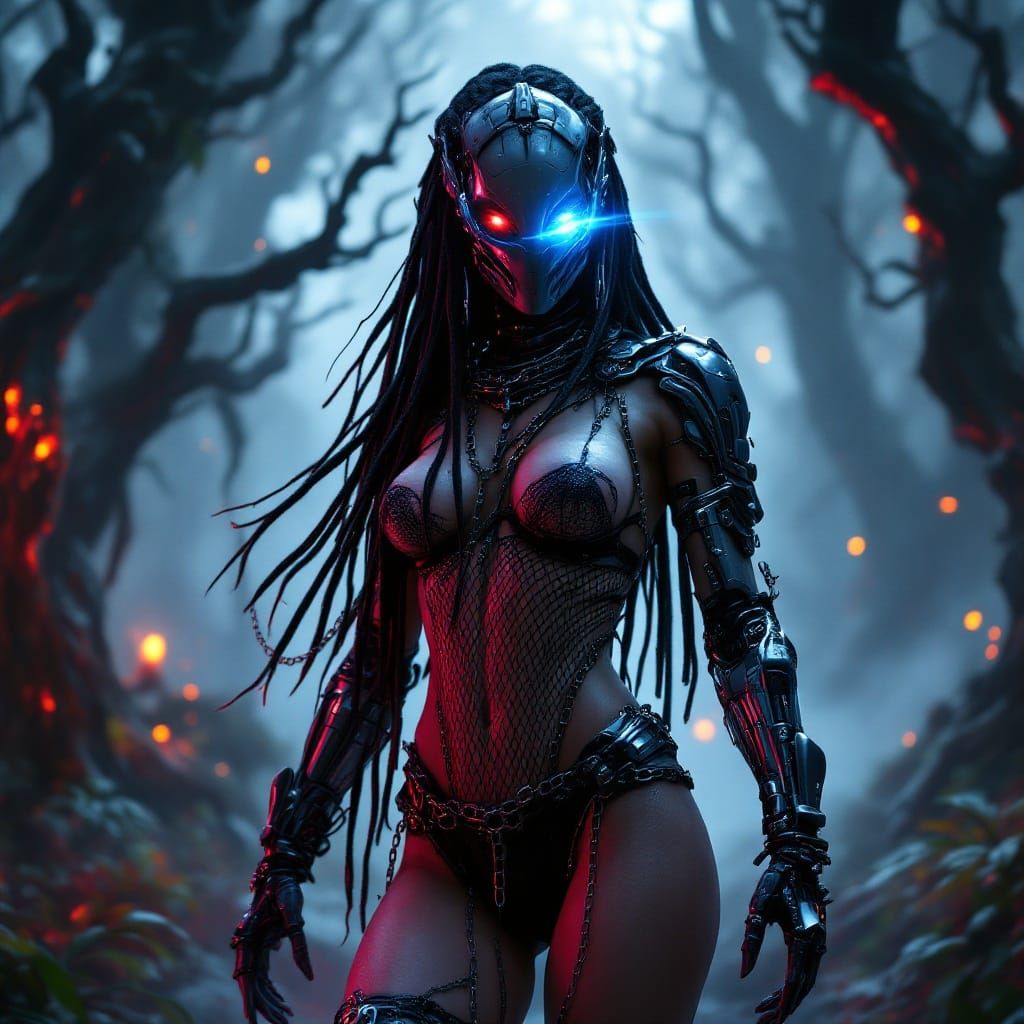 Cyborg Predator Yautja in Gritty Cyberpunk Jungle