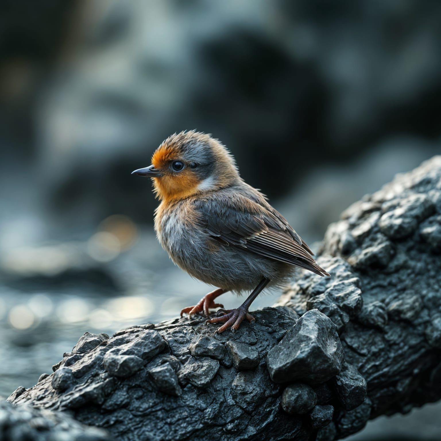 Cute Baby Bird in Hyperrealistic Japan River Scene