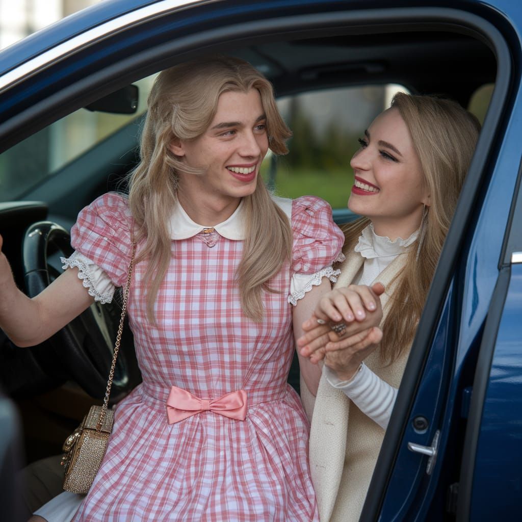 Muscular Man in Girly Dress Sits with Loving Woman in Car