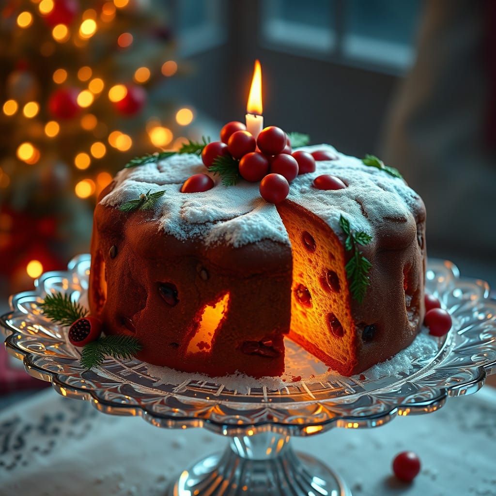 Surreal Christmas Fruitcake on Crystal Platter in Vibrant Fa...