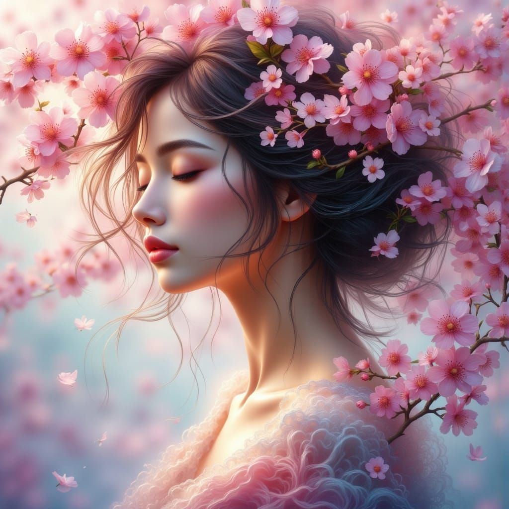 A watercolor painting depicts a light-skinned woman in profile, facing left with her eyes closed, against a gradient bac...