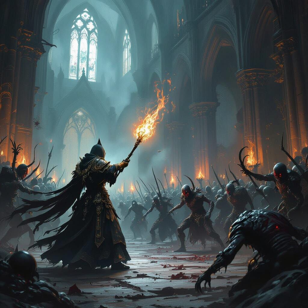 Monk Battles Demons in Gothic Cathedral, Dark Fantasy Scene