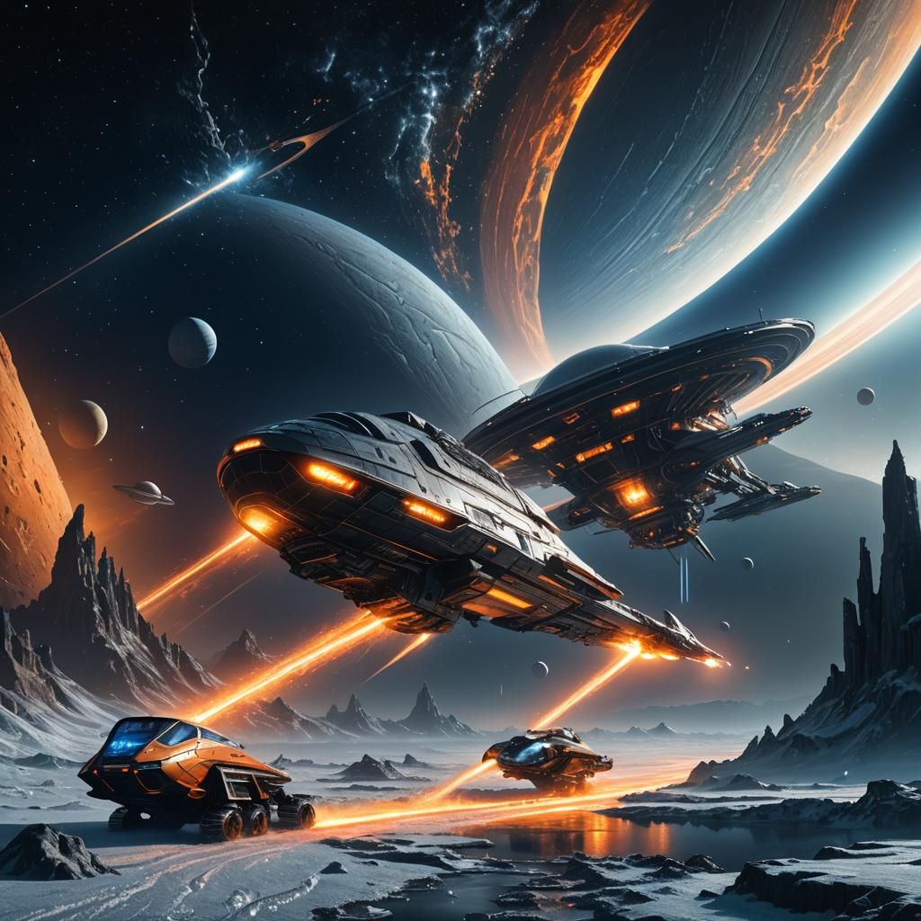 Starship near Enceladus with Saturn in Background