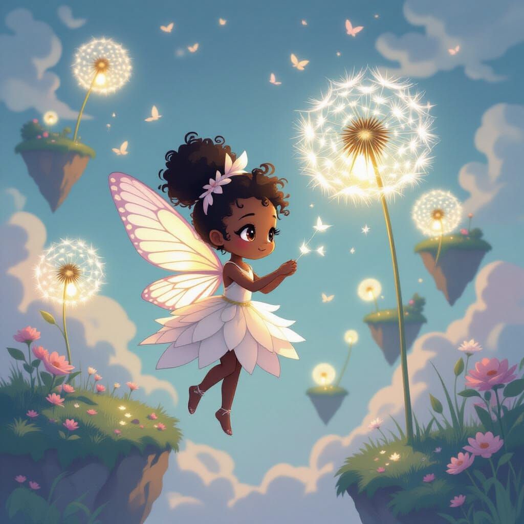 Chibi Creature in Dreamlike Floating Islands Scene