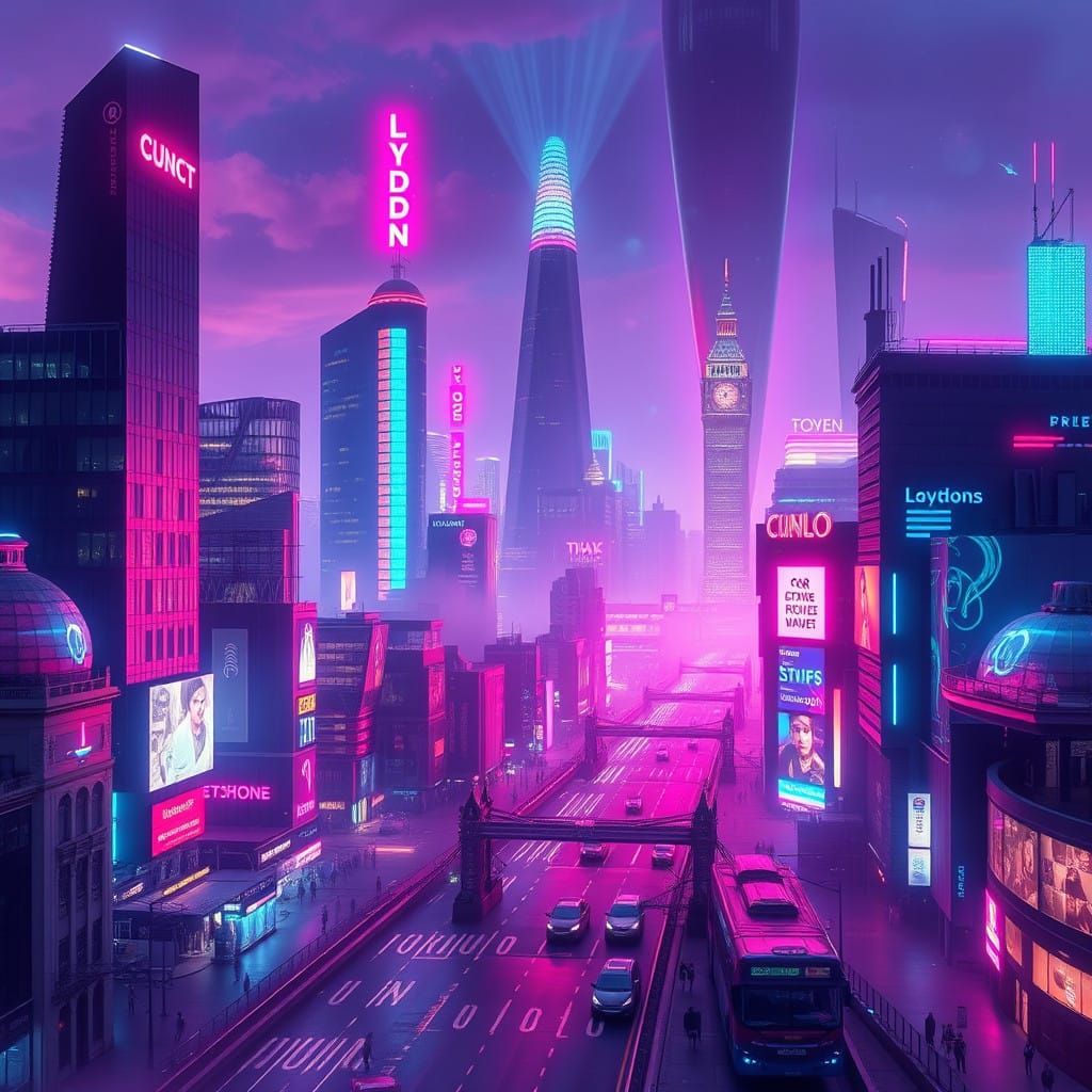 Glowing Futuristic London at Midnight