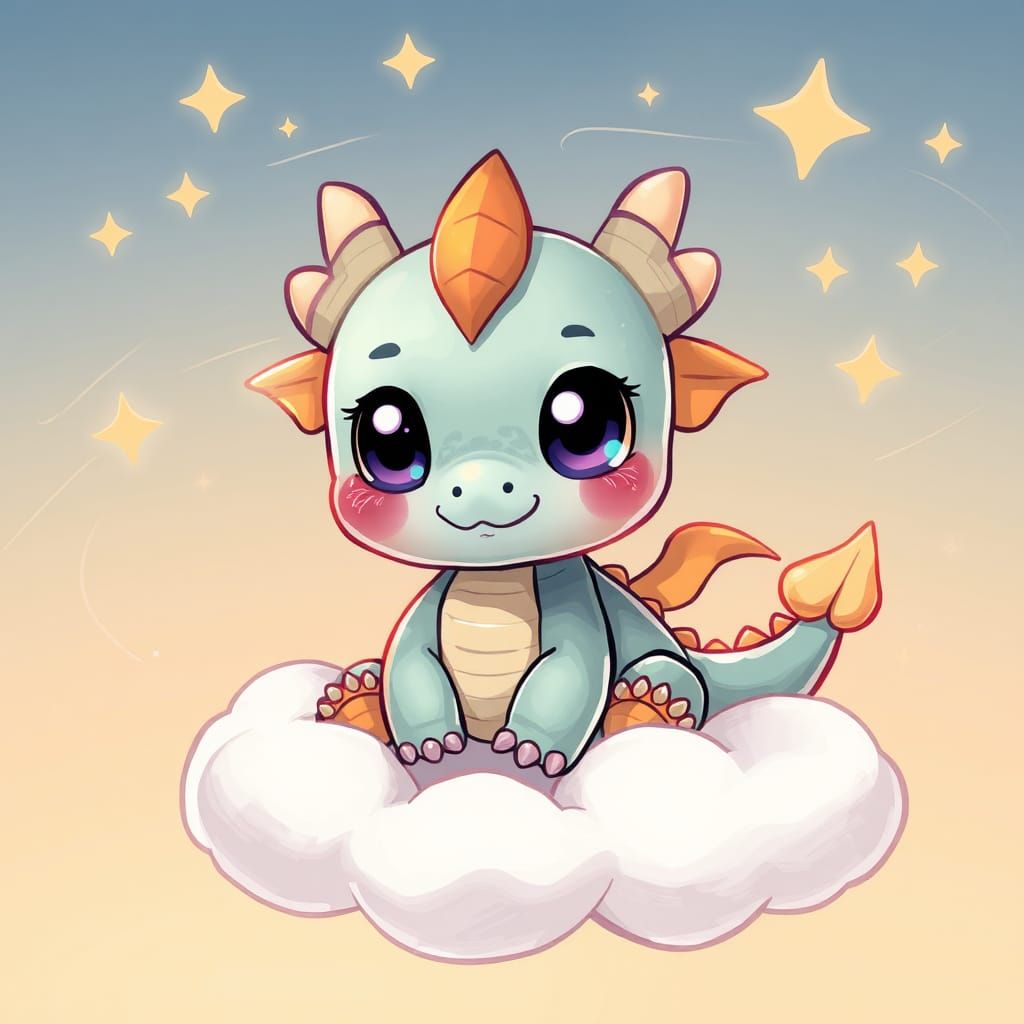 Charming Chibi Dragon on Cloud in Digital Art Style