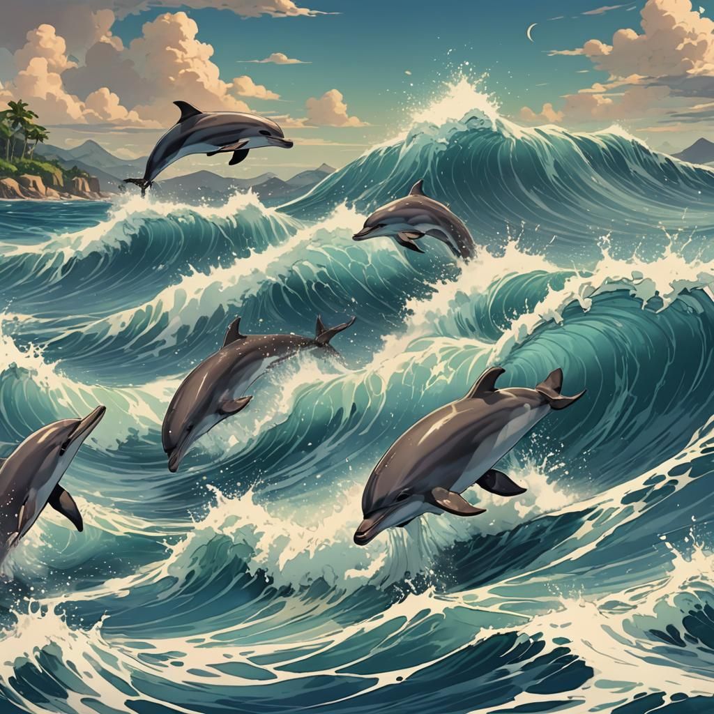 Dolphins Playing in the Sea: Anime-Style Illustration