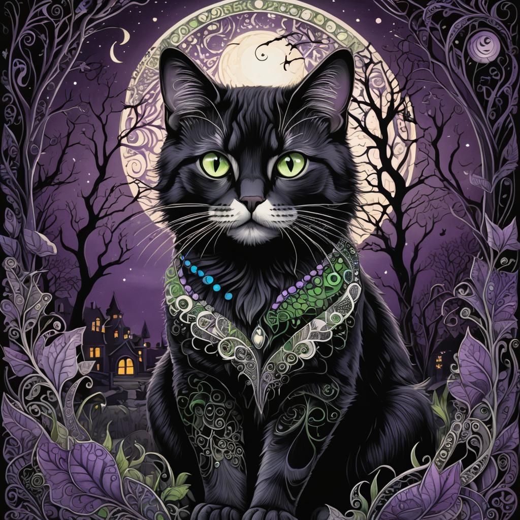 Zentangle Cat in Mystical Halloween Night