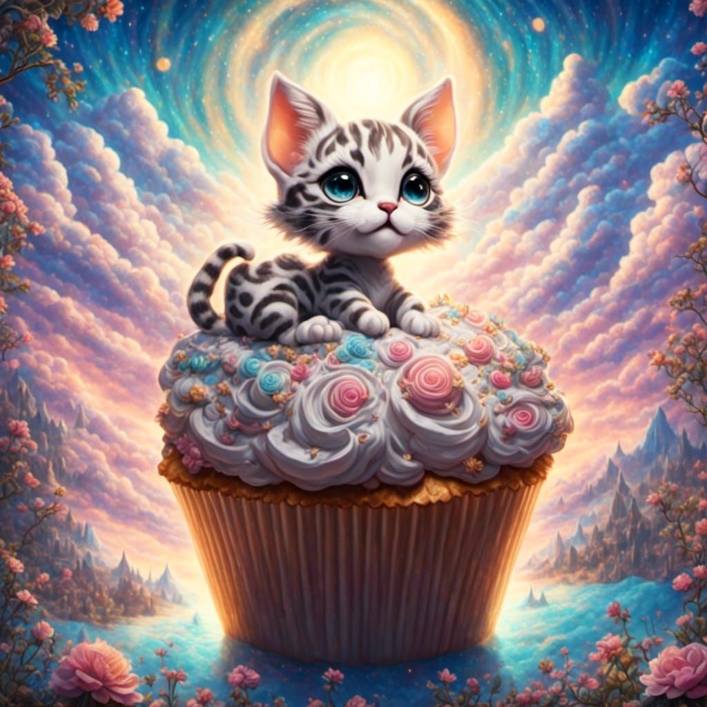 Bengal Cat and Giant Cupcake in Whimsical Landscape