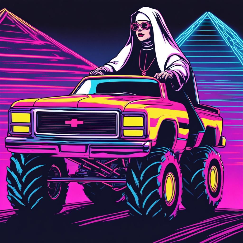 Nun Driving a Monster Truck in Synthwave Style