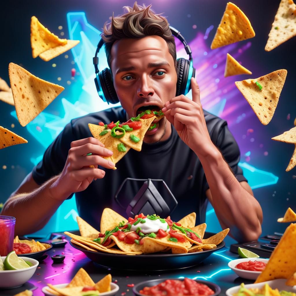 Vibrant Hologram DJ Enjoys Nachos in 8K