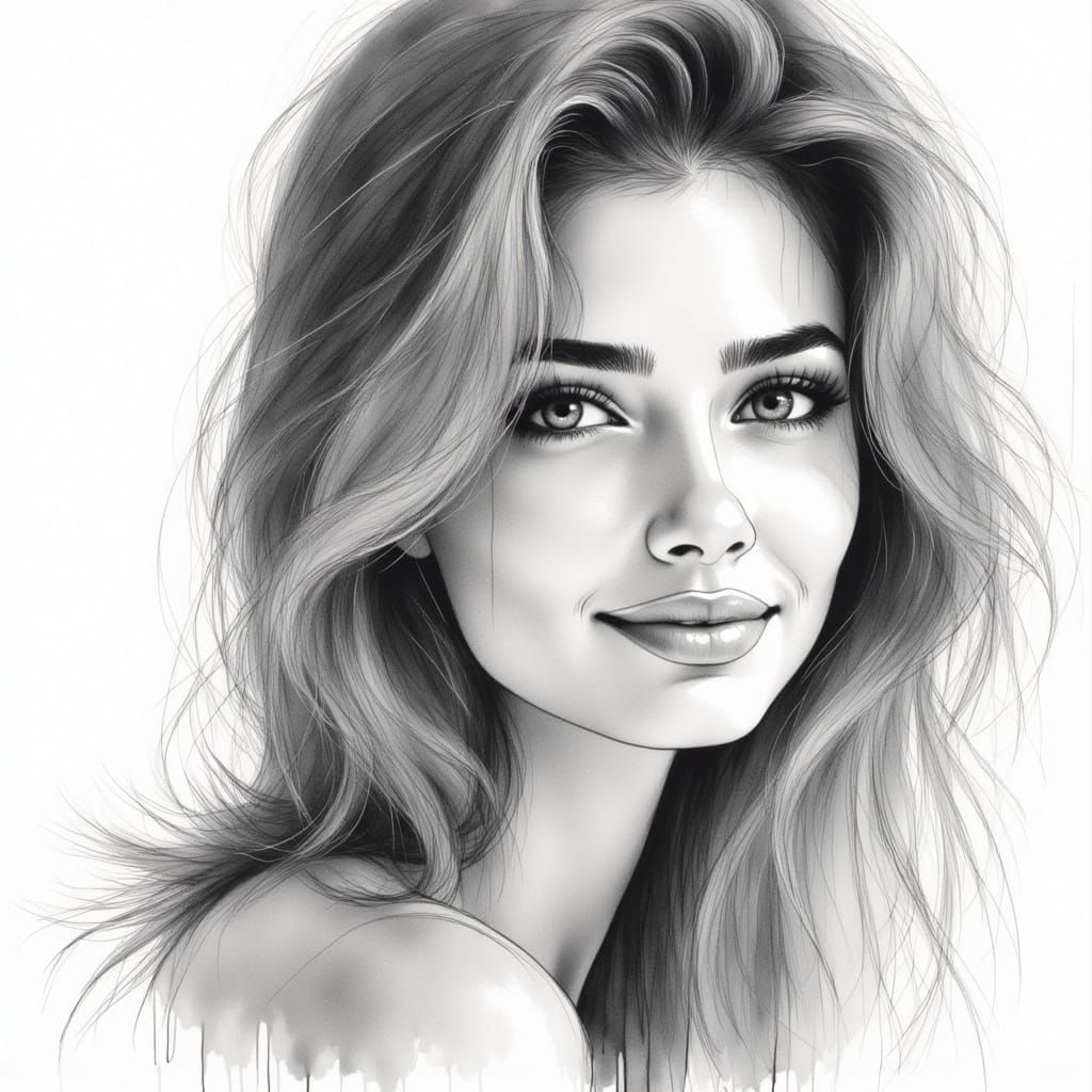 Photorealistic Ink Drawing of a Beautiful Amerasian Woman