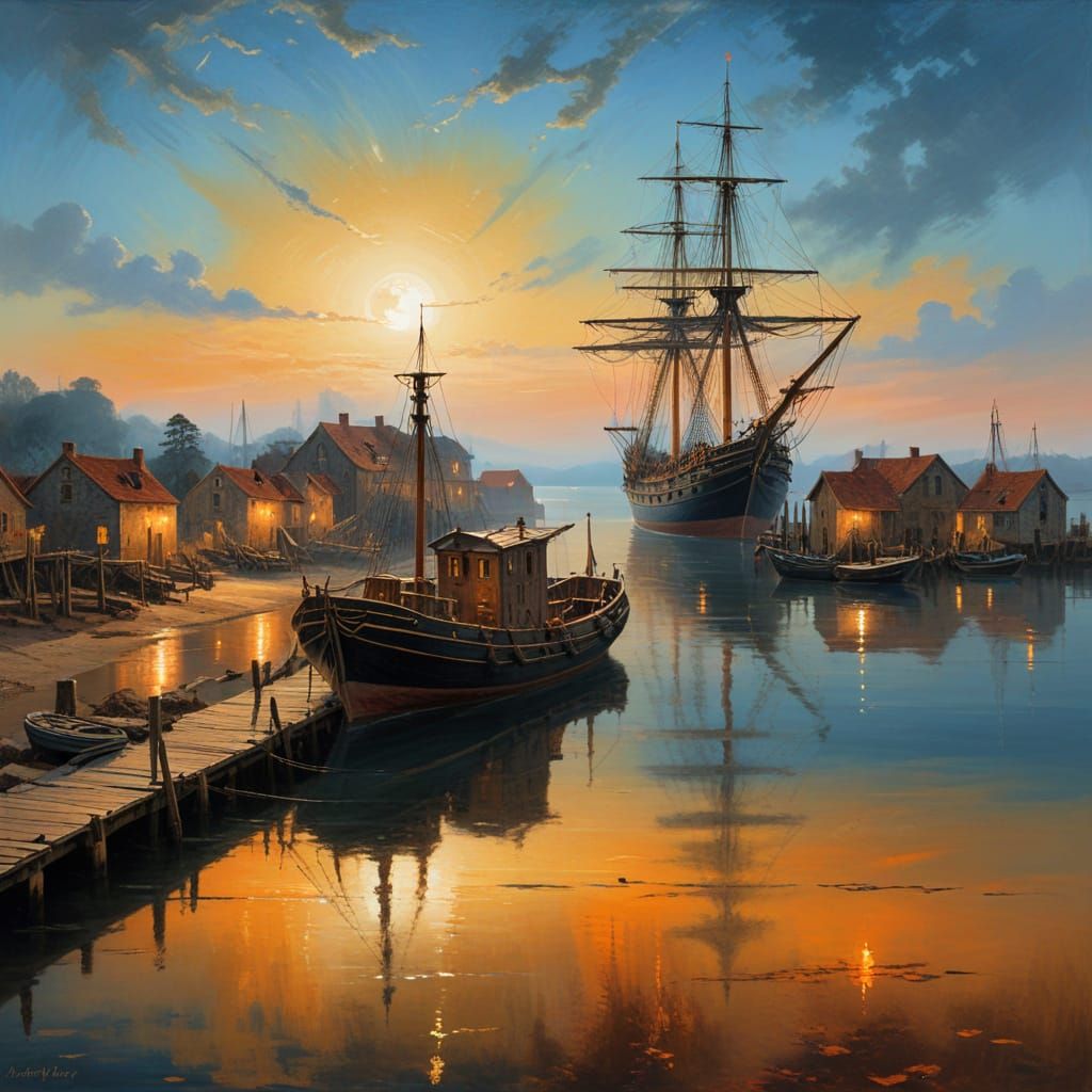 Serene Nocturnal Harbor Scene Under Golden Moonlight