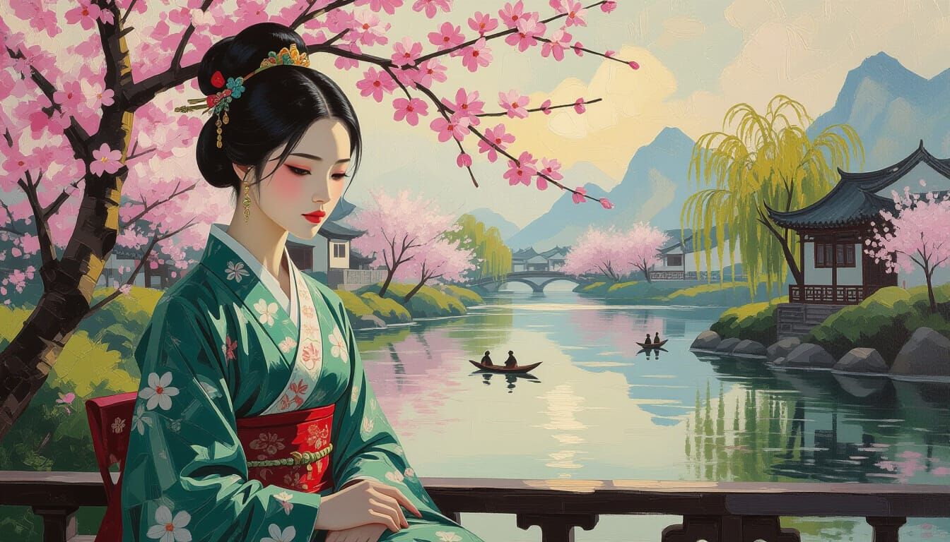 Melancholic Seamstress in Spring, Goya-esque Oil Painting