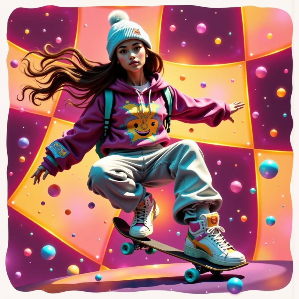 Female Skater in Neon Checkered Dreamscape