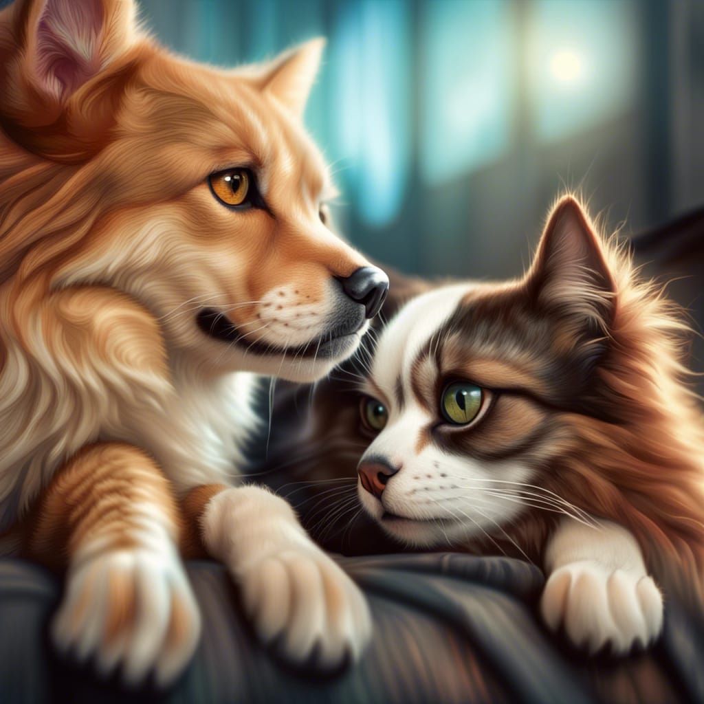 Friendly Cat and Dog as Digital Art