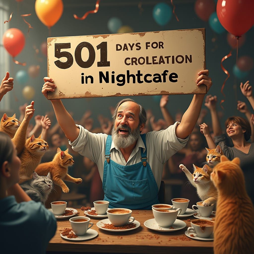 Celebratory Coffee Shop Scene with Maximalist, Surreal Eleme...