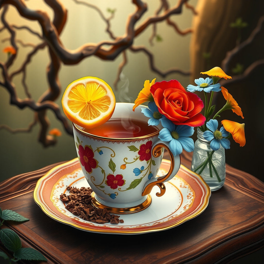 Fine China Teacup with Flowers in Dreamlike Setting