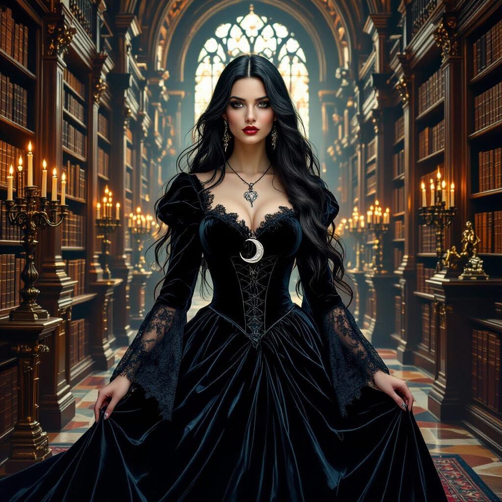 Gothic Woman in Grand Library, Pre-Raphaelite Style