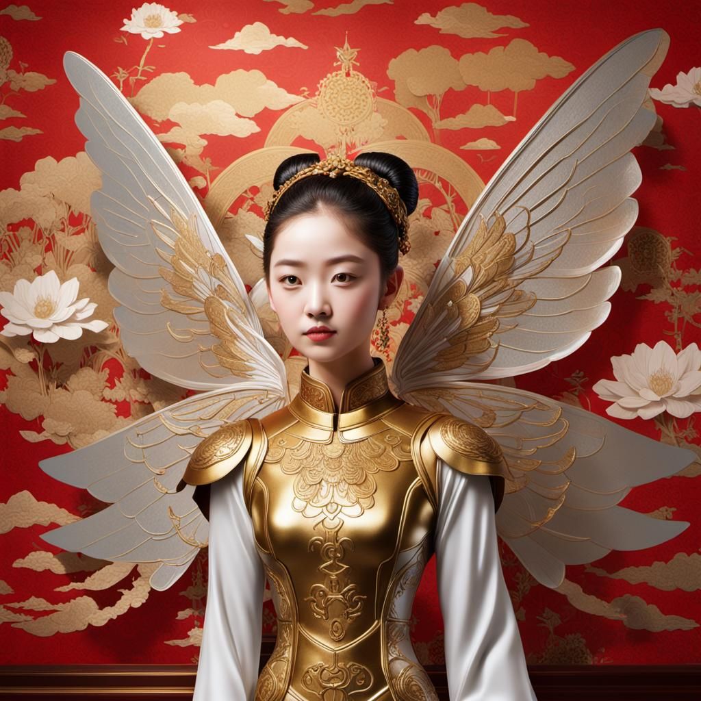 Celestial Cyborg Fairy Woman in Asian Interior