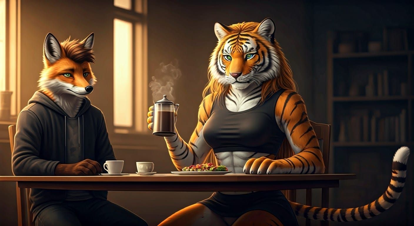 Languid Tigress Sips Coffee in Morning Light