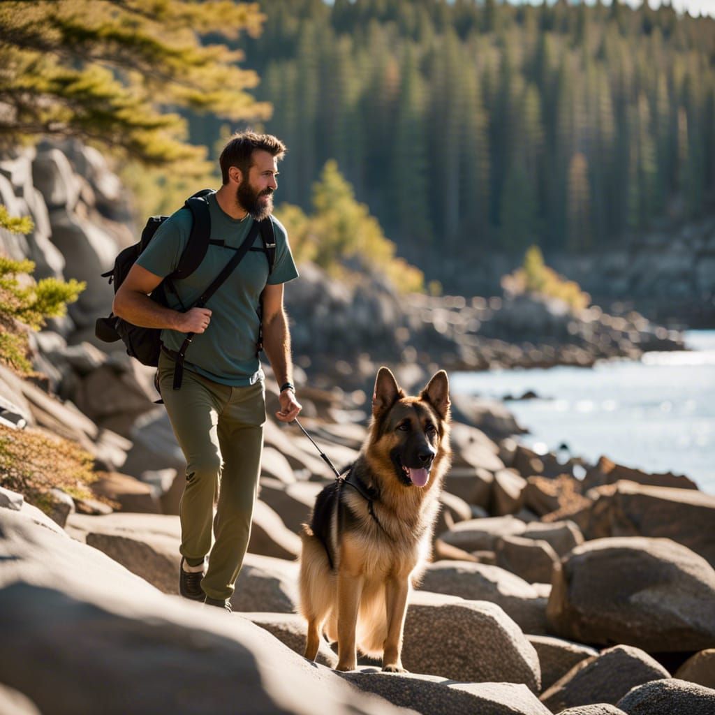 German Shepherd and Man Strolling in Acadia National Park