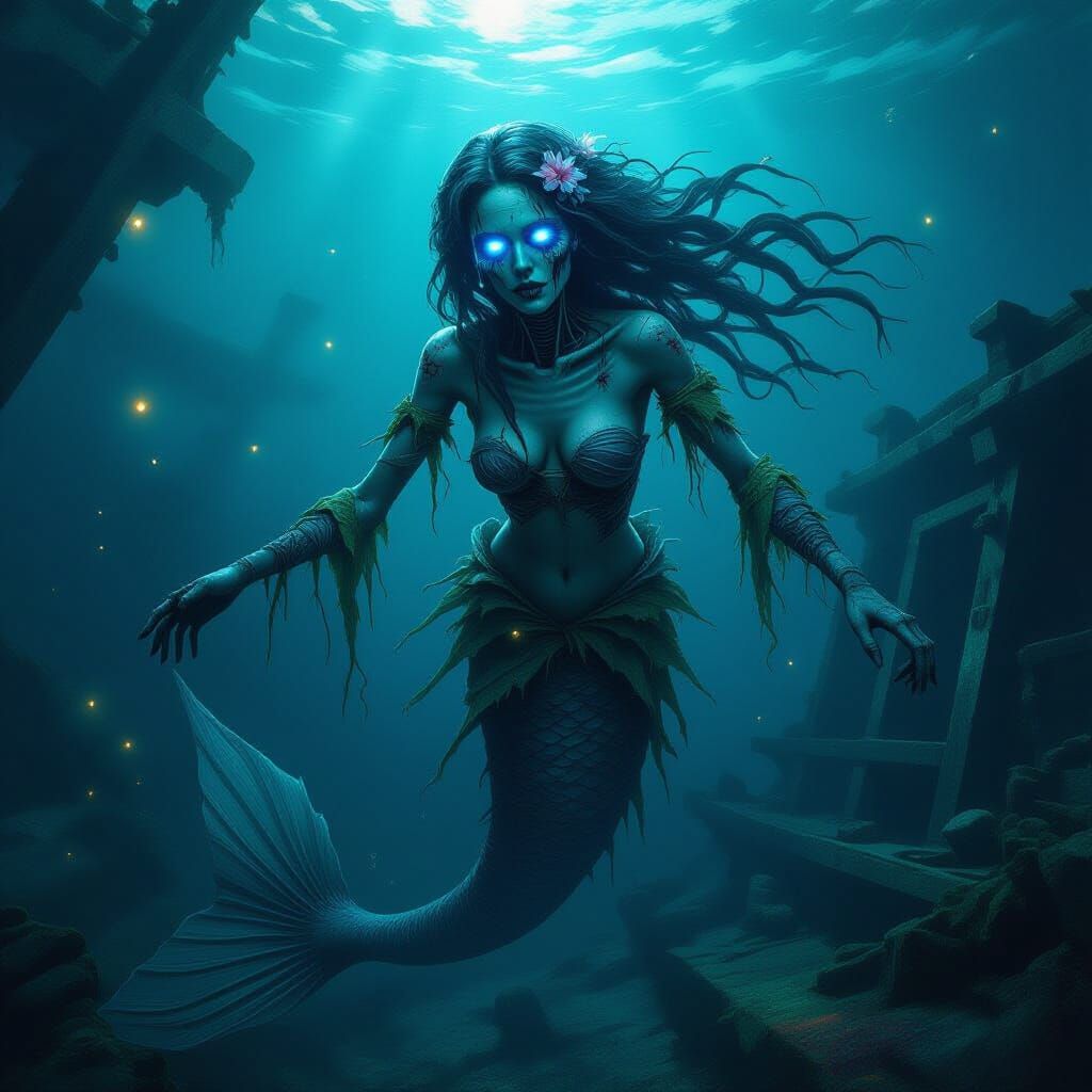 Eerie Undead Mermaid in Sunken Shipwreck