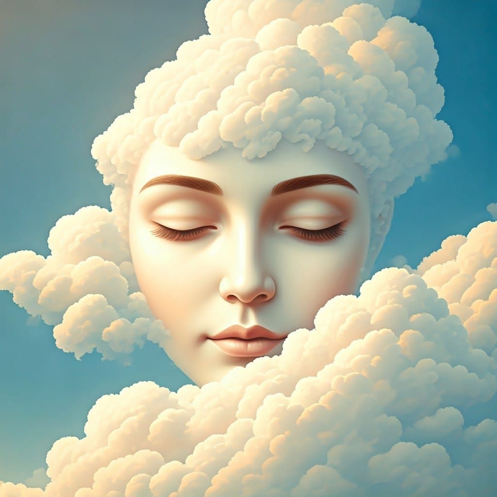 A Gentle Dreamlike Face Emerge from Soft White Clouds in Wat...