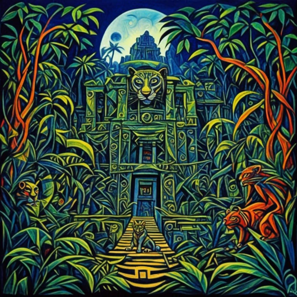 Jaguar Climbing Mayan Temple in Fantasy Jungle