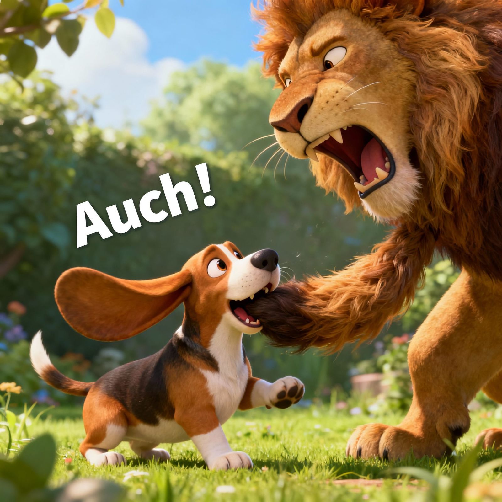 Basset Hound Puppy Bites Lion's Tail in Pixar-Style 3D Art