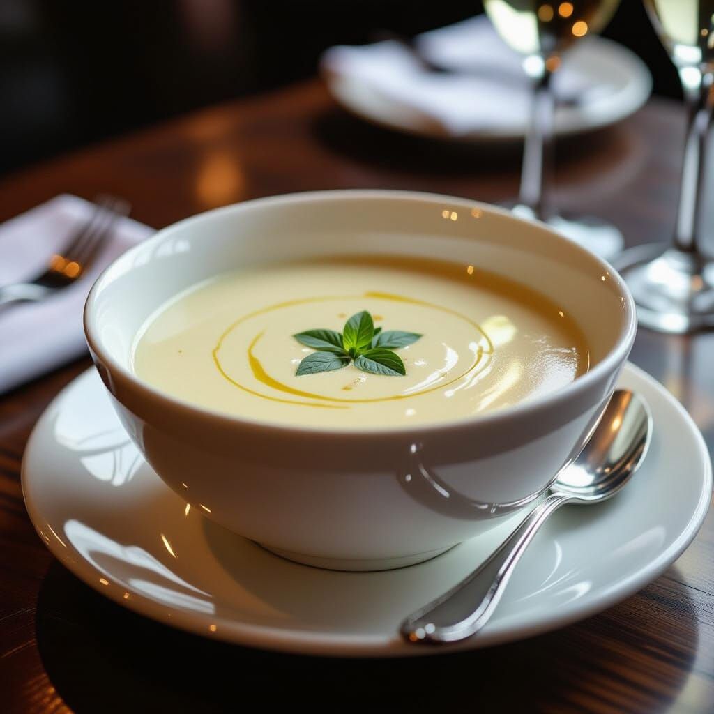 Hyperrealistic Vichyssoise Soup in Fancy Restaurant Setting
