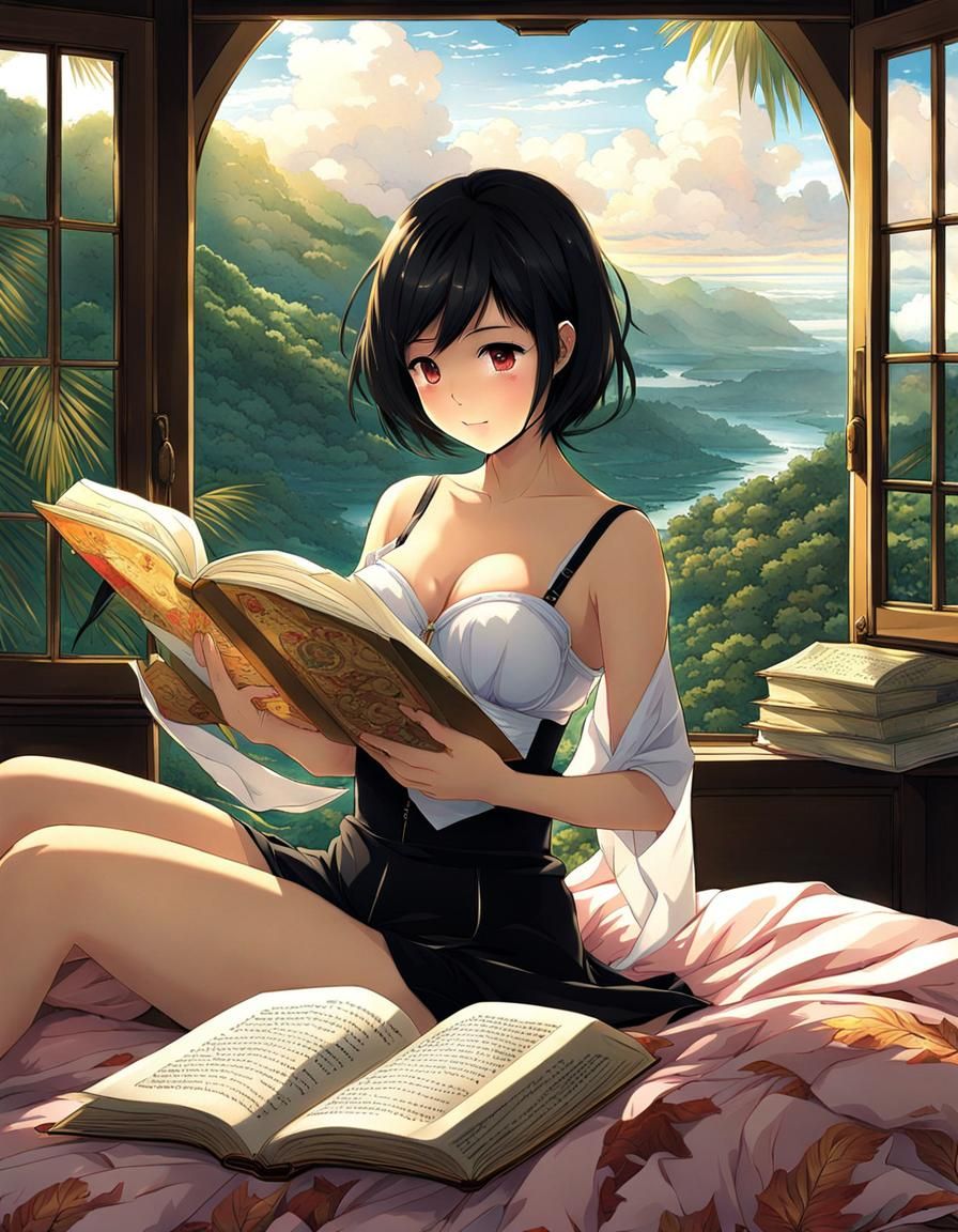 Anime Style Indonesian Woman Reading by Tropical Window
