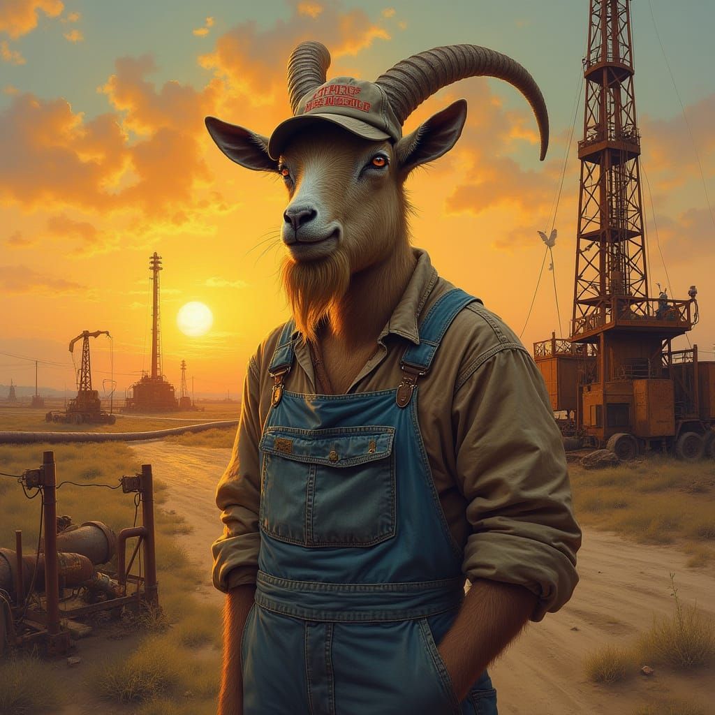 Rugged Oilfield Goat in Worn Denim and Oil Company Cap